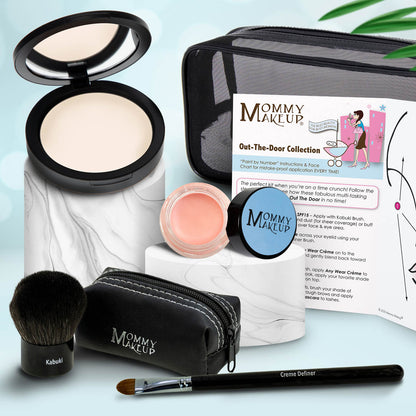 Travel makeup set with black compact powder, makeup brush, pink cream pot, and pouch