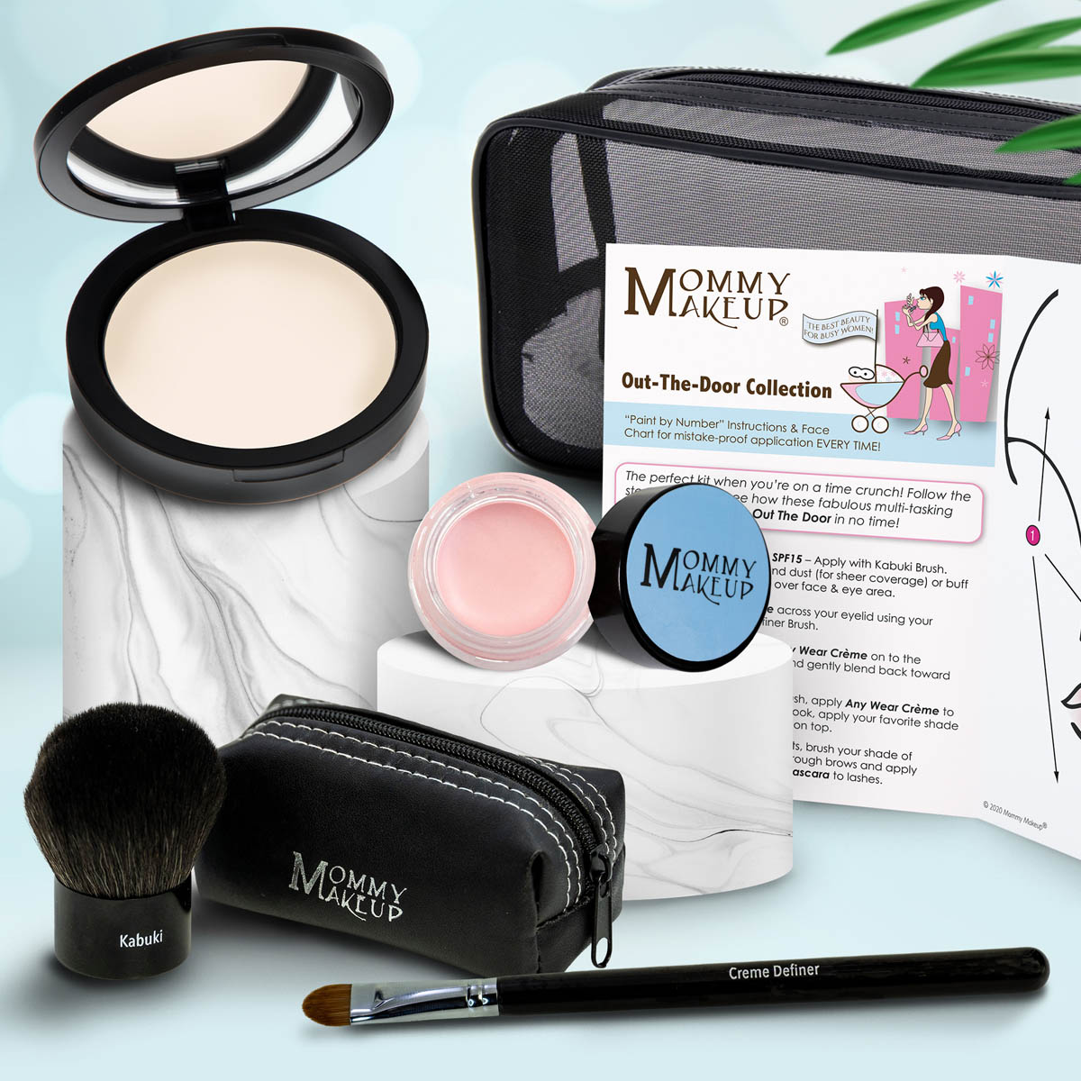 Travel makeup set with black compact powder, makeup brush, light pink cream pot, and pouch