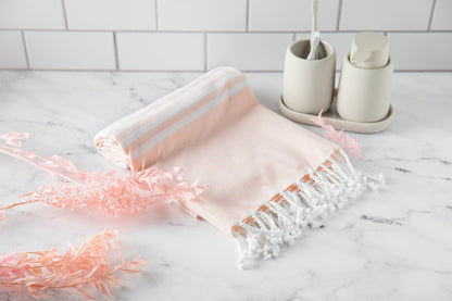 Turkish beach towel, pale peach with light stripe and tassel fringe