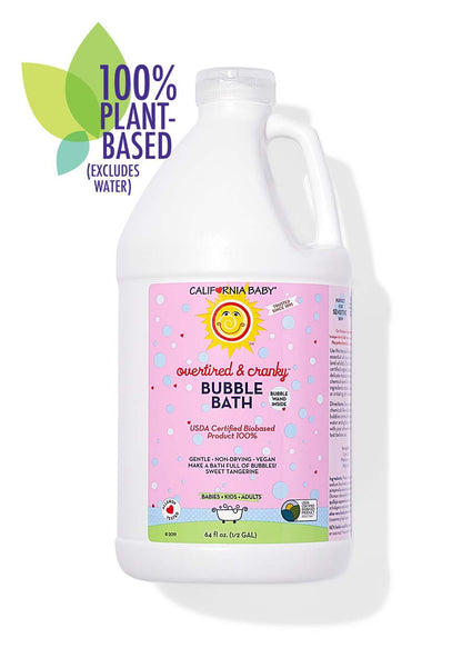 Bubble bath bottle with handle and back label on a white bottle