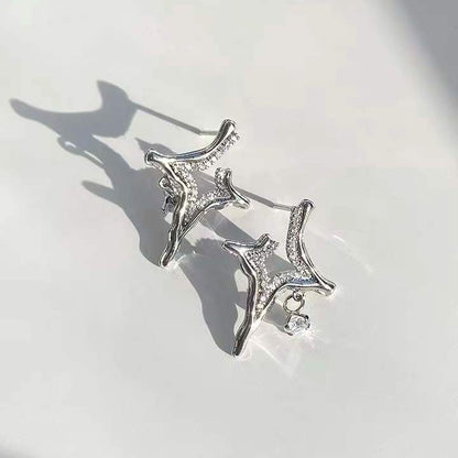 Silver rhinestone star cross earrings pair, dangling front view