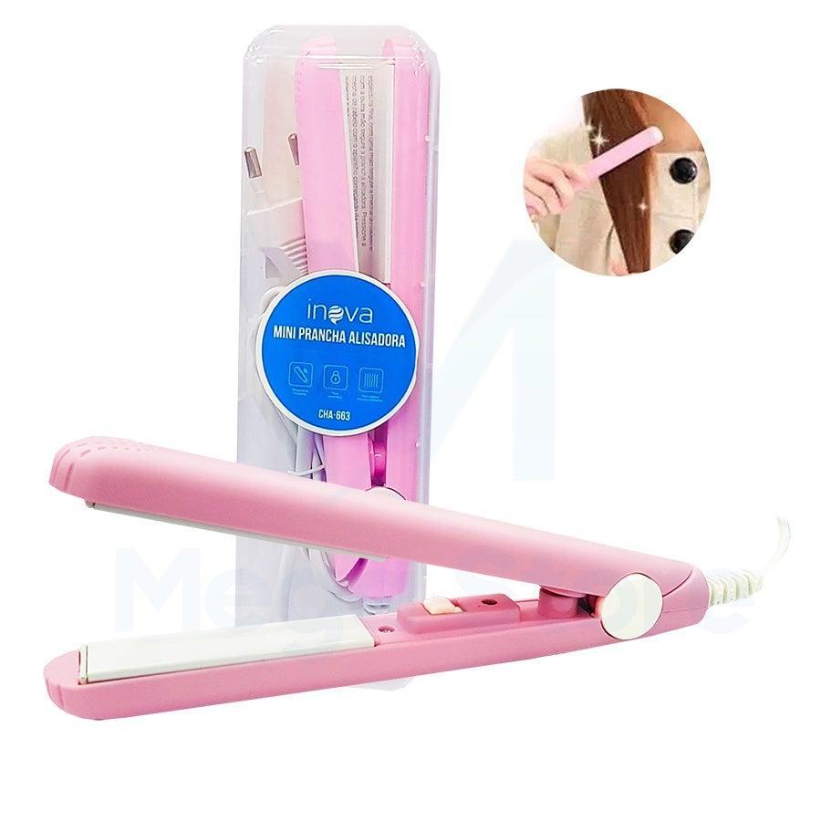 Ceramic mini hair straightener in pink, packaged in a clear protective case