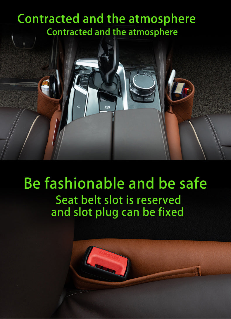 Car seat gap filler in brown leather on seat belt slot with fixed cup holder end