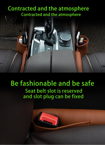 Car seat gap filler in brown leather on seat belt slot with fixed cup holder end