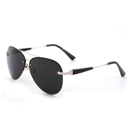 Men's silver-tone sunglasses with dark round lenses and thin metal frame, black tips