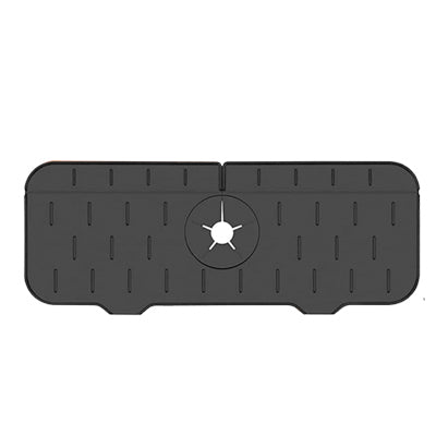 Grey kitchen faucet mat with raised drip nubs and circular drain center