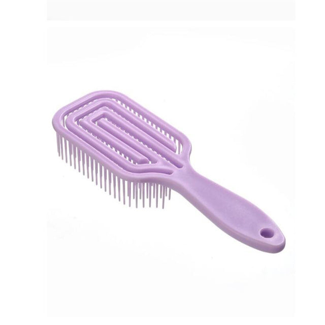 Vented hair comb with lavender teeth and matching purple handle, hanging hole