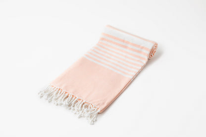 Turkish beach towel, peach with white stripes and tassel fringe