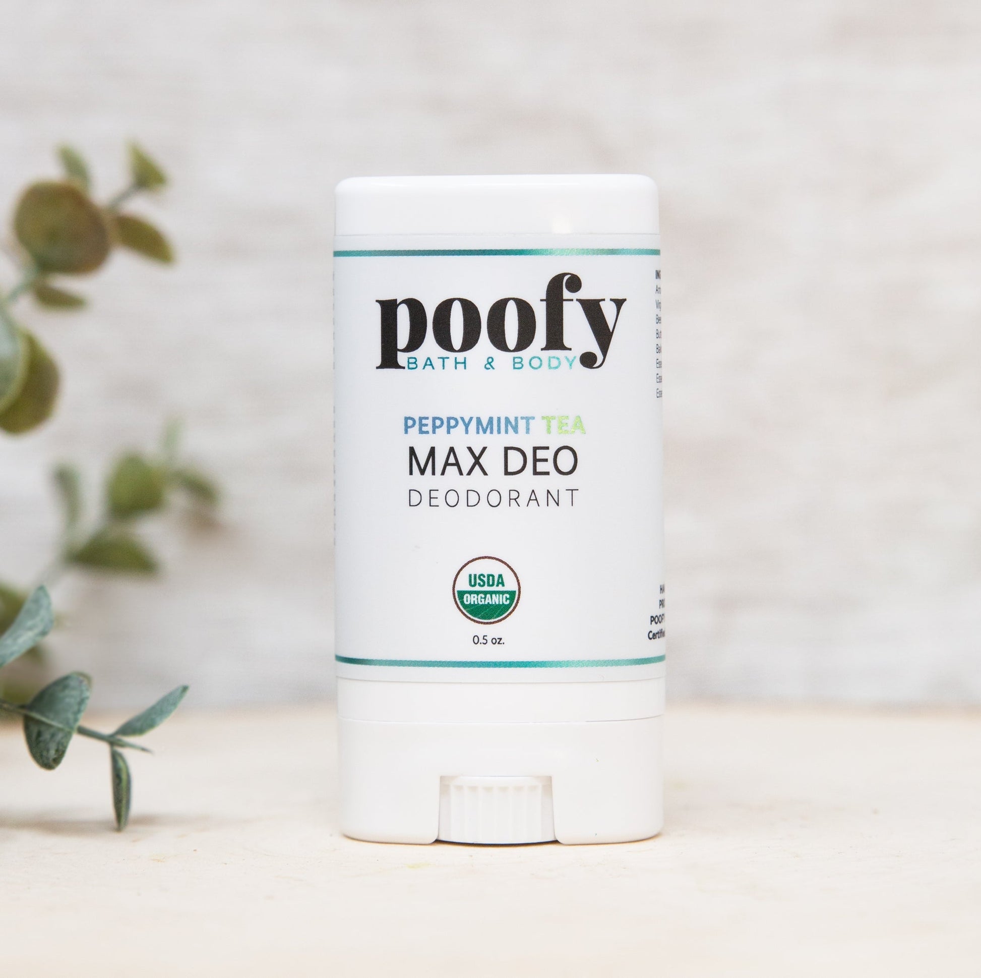 Poofy Max Deo deodorant stick, travel size, white tube with Peppermint Tea label