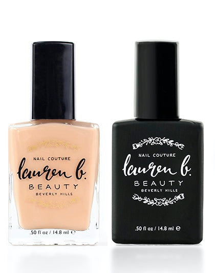 Nail polish bottles set: light beige and dark top coat with black caps