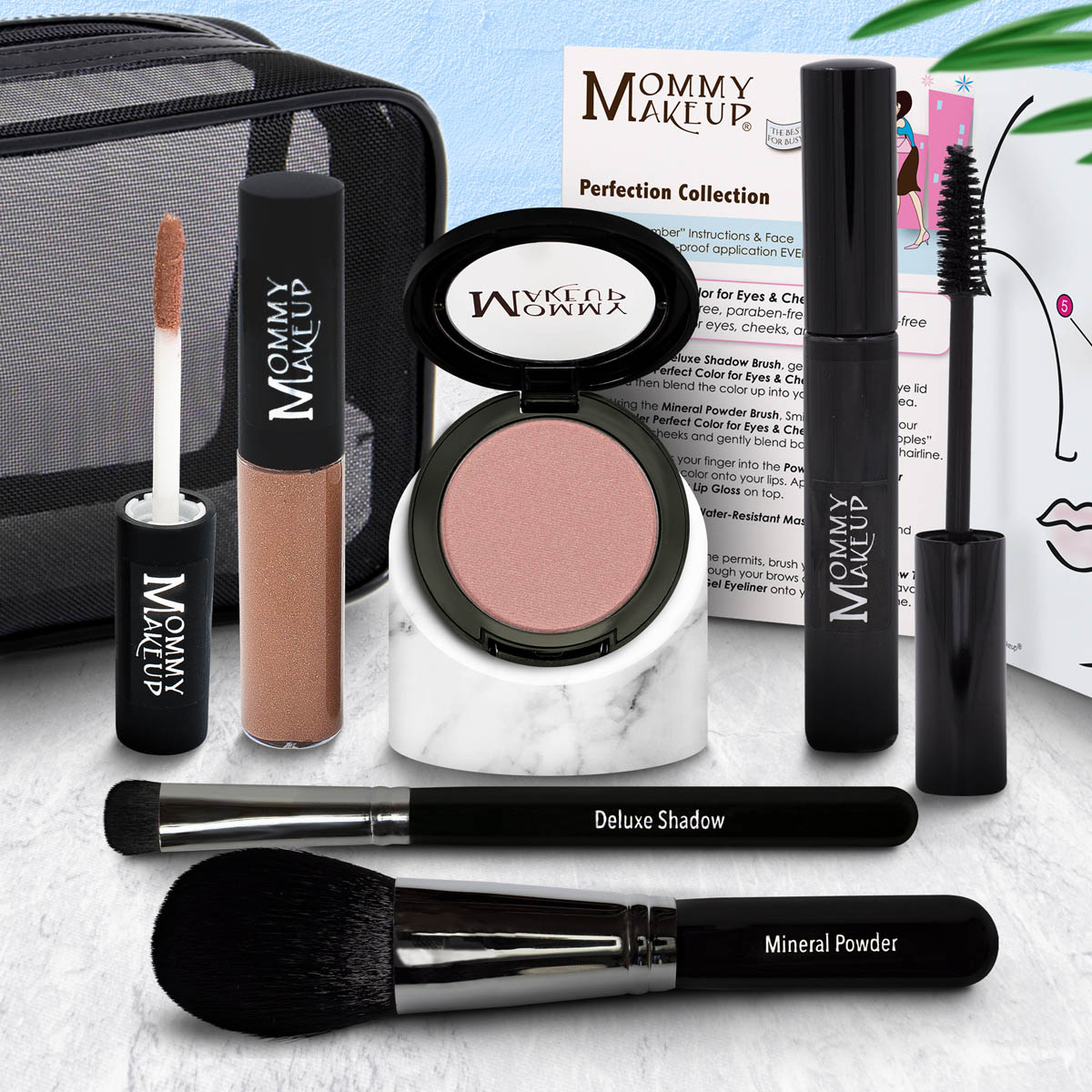 Makeup set with blush powder compact, two makeup brushes, lip gloss, mascara, and zip bag.