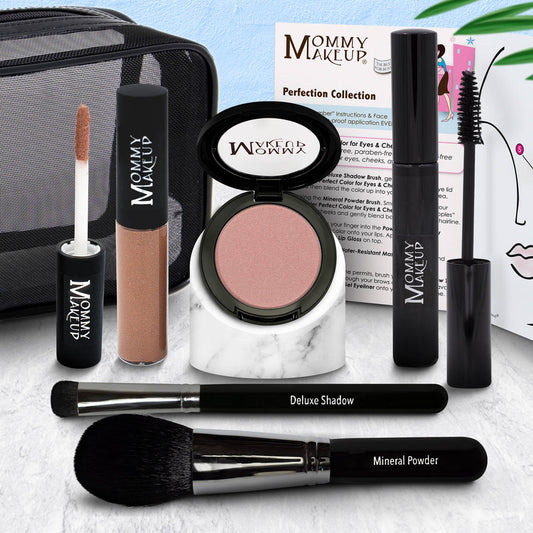 Makeup set with blush powder compact, two makeup brushes, lip gloss, mascara, and zip bag.