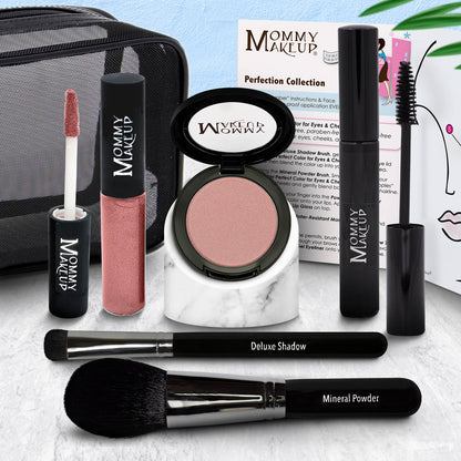 Makeup set with blush powder compact, Deluxe Shadow brush, Mineral Powder brush, pink lip gloss.