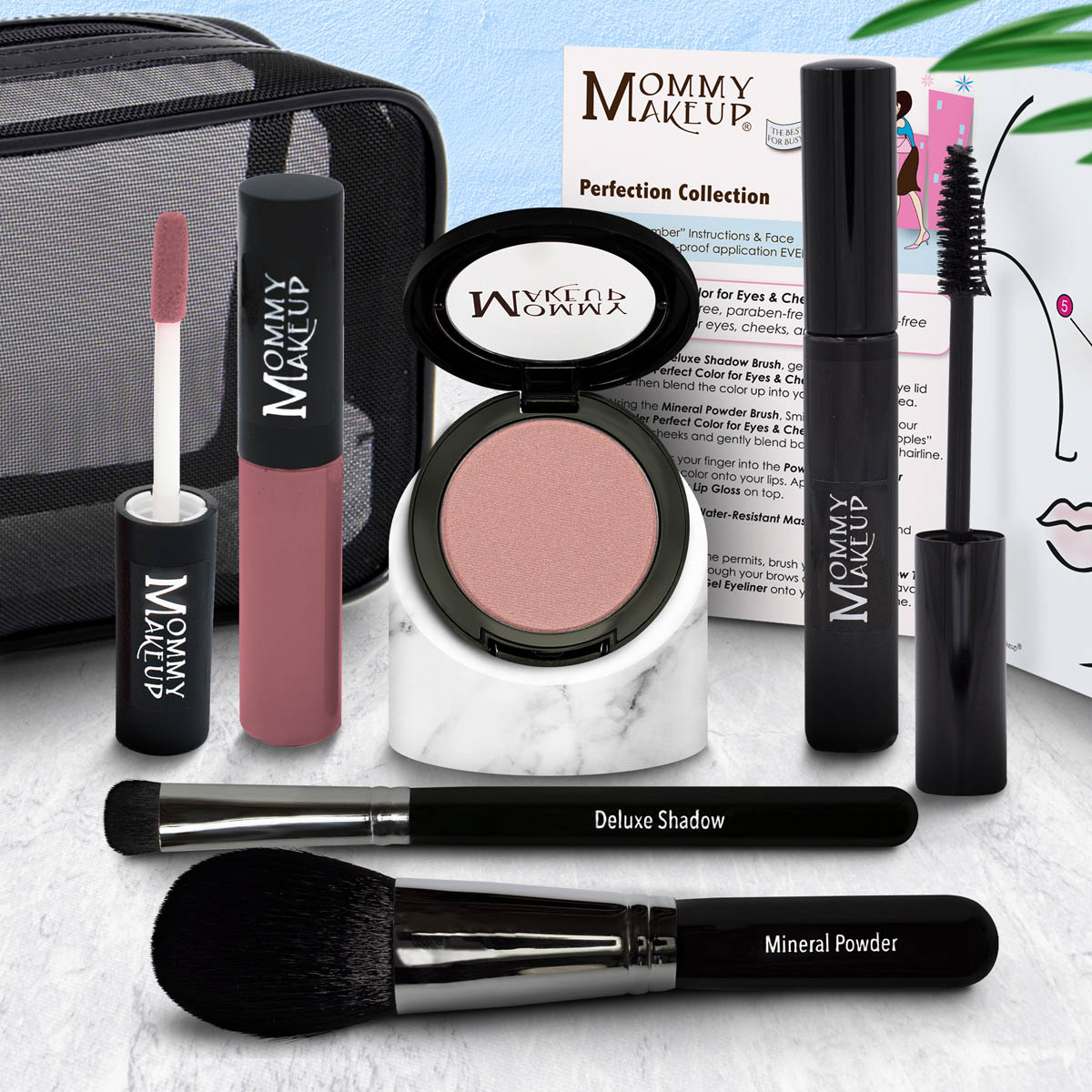 Makeup set with blush powder compact, Deluxe Shadow brush, Mineral Powder brush, rose lip gloss.