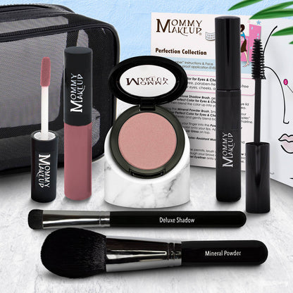 Makeup set with blush powder compact, Deluxe Shadow brush, Mineral Powder brush, rose lip gloss.