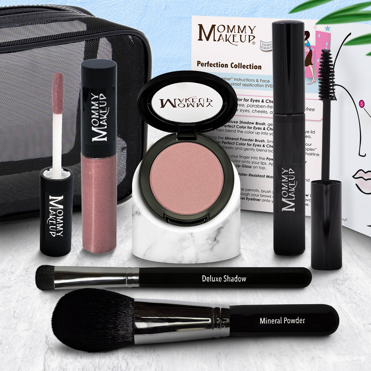 Makeup set with blush powder compact, Deluxe Shadow brush, Mineral Powder brush, light pink lip gloss.