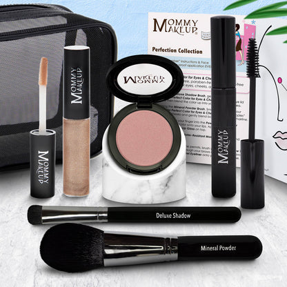 Makeup set with eyeshadow compact, champagne-beige lip color tube, and two black brushes