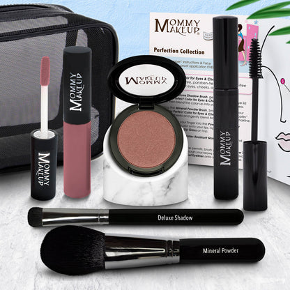 Mommy Makeup Perfection Collection set with pink liquid, mineral powder, and brush tools