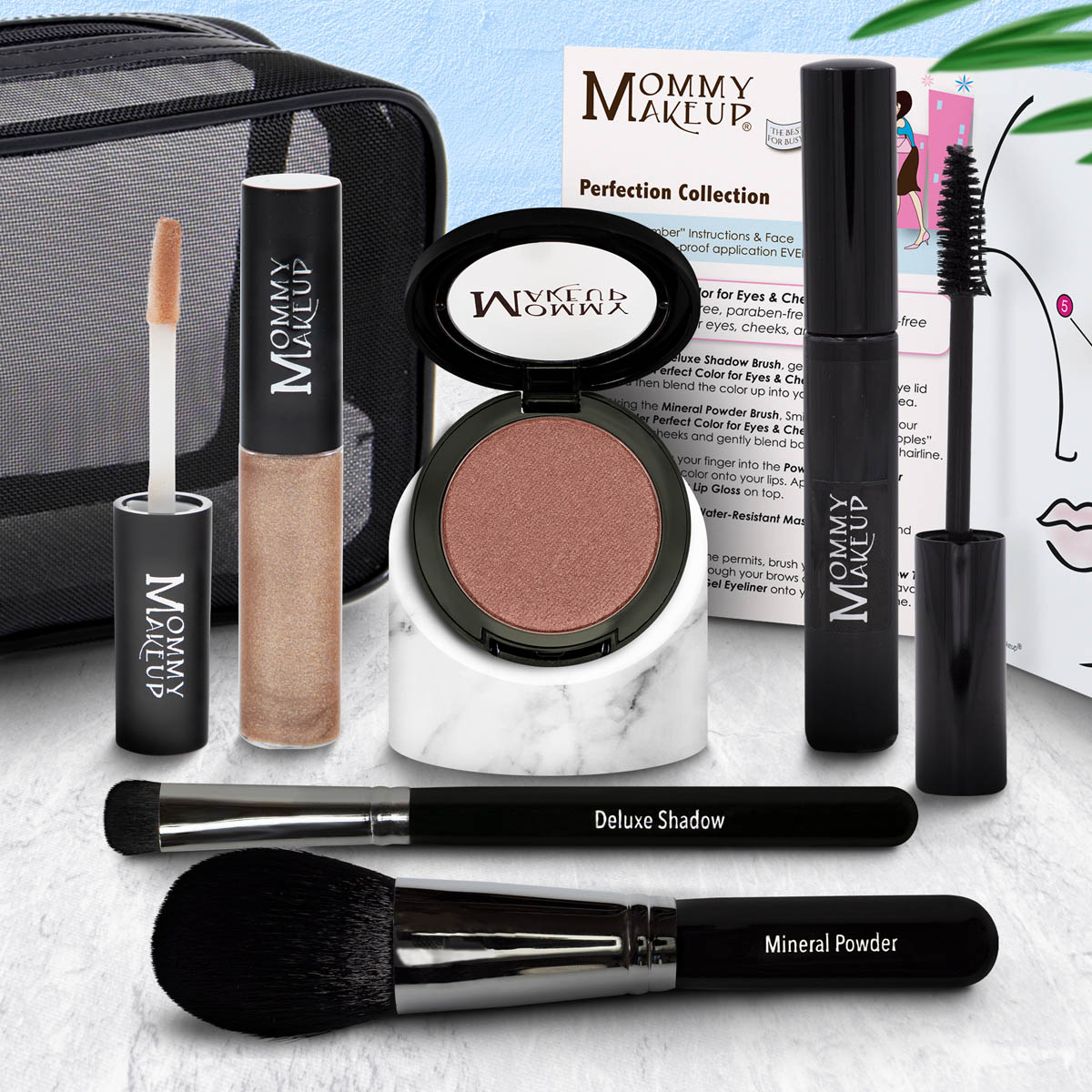 Mommy Makeup Perfection Collection set with nude beige liquid, mineral powder, and makeup brush