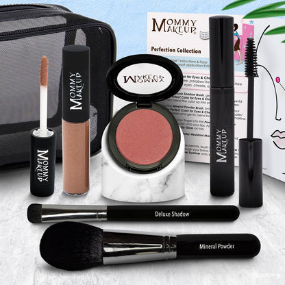 Mommy Makeup set with peach blush compact, lip color tube, Deluxe Shadow brush, mineral brush