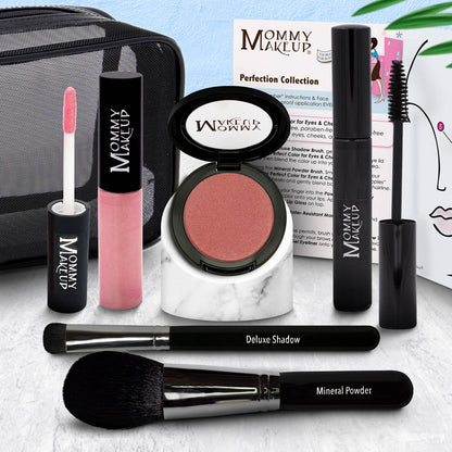 Mommy Makeup set with pink blush compact, bright pink lip tube, Deluxe Shadow brush, mineral brush
