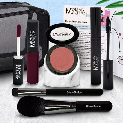 Mommy Makeup set with coral blush compact, deep berry lip tube, Deluxe Shadow brush, mineral brush