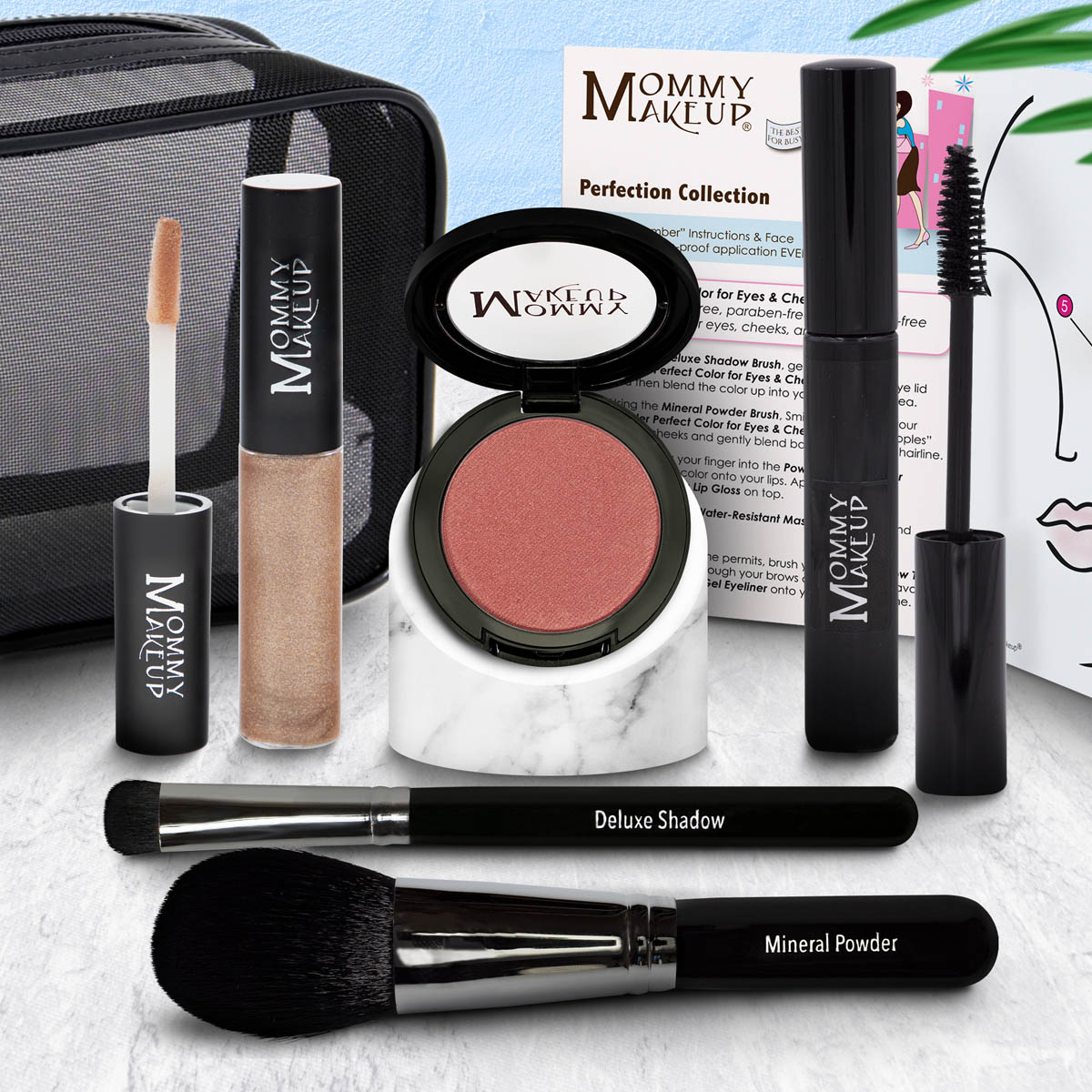 Makeup set with compact powder, rose-beige lip product, and two makeup brushes