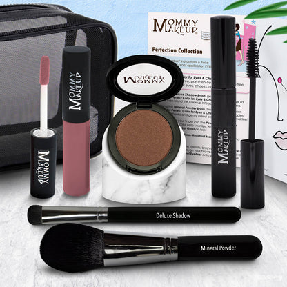 Makeup set with compact powder, mauve-pink lip product, and two makeup brushes