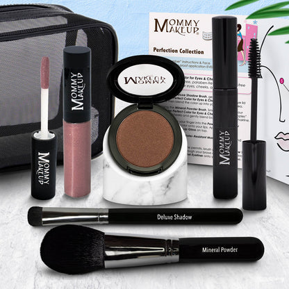 Makeup set with compact powder, rose-pink lip product, and two makeup brushes