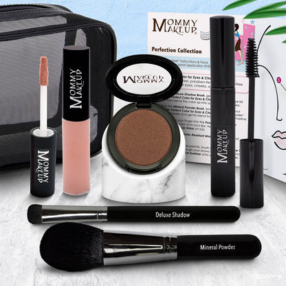 Makeup set with compact powder, nude pink lip product, and two makeup brushes