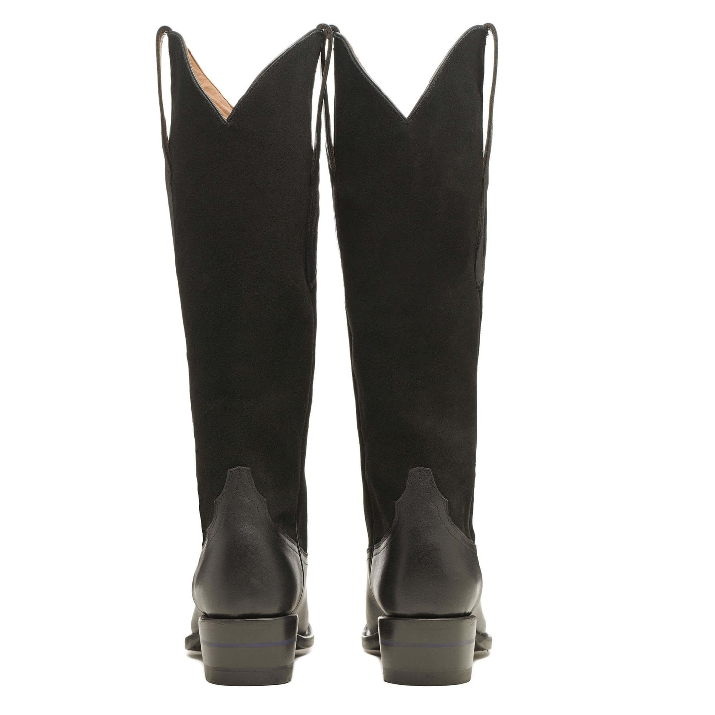 Black leather cowboy boots with stacked block heels, rear view
