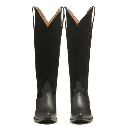 Black leather knee-high cowboy boots, back view pair