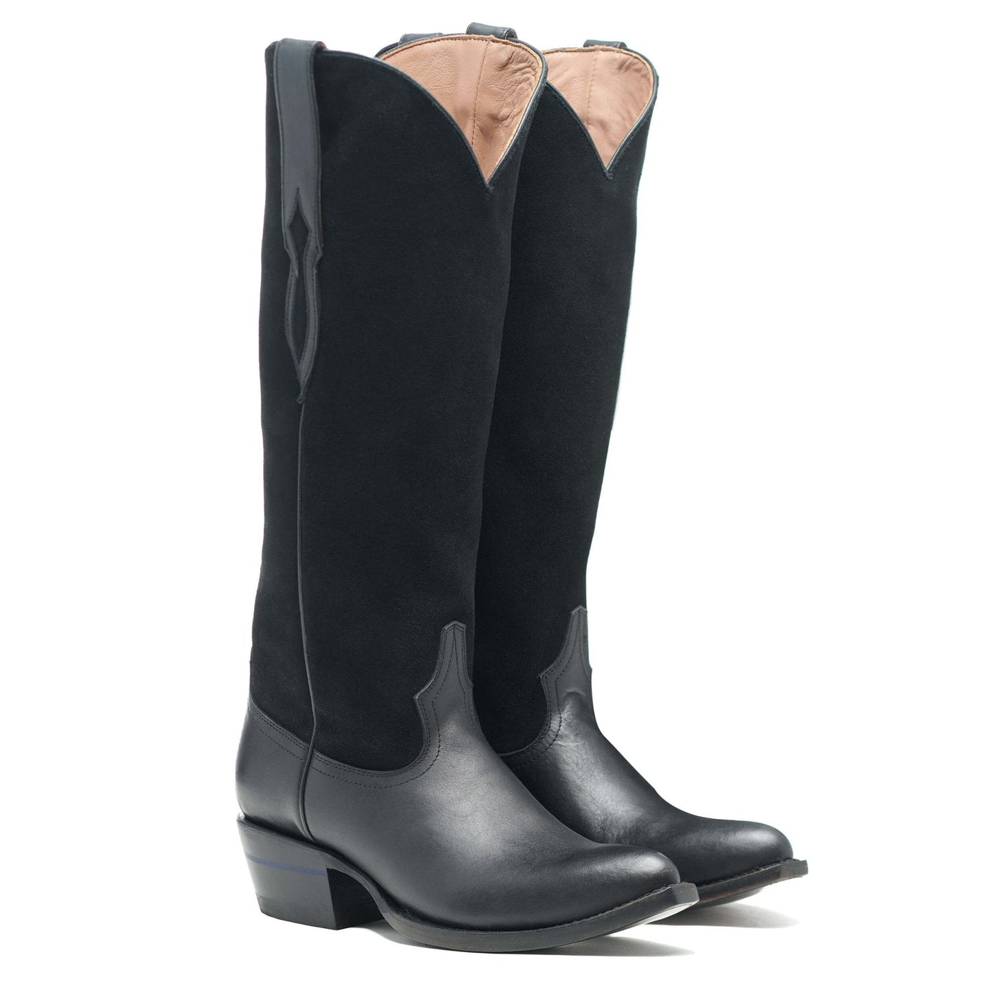 Black leather cowboy boots, tall shafts with western stitch and low stacked heel.
