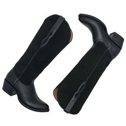 Black leather knee-high cowboy boots, side view pair