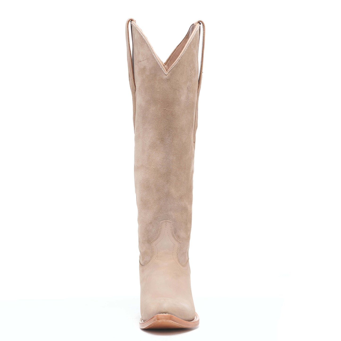 Taupe suede cowboy boot with pointed toe, V-notch top, and stacked heel.