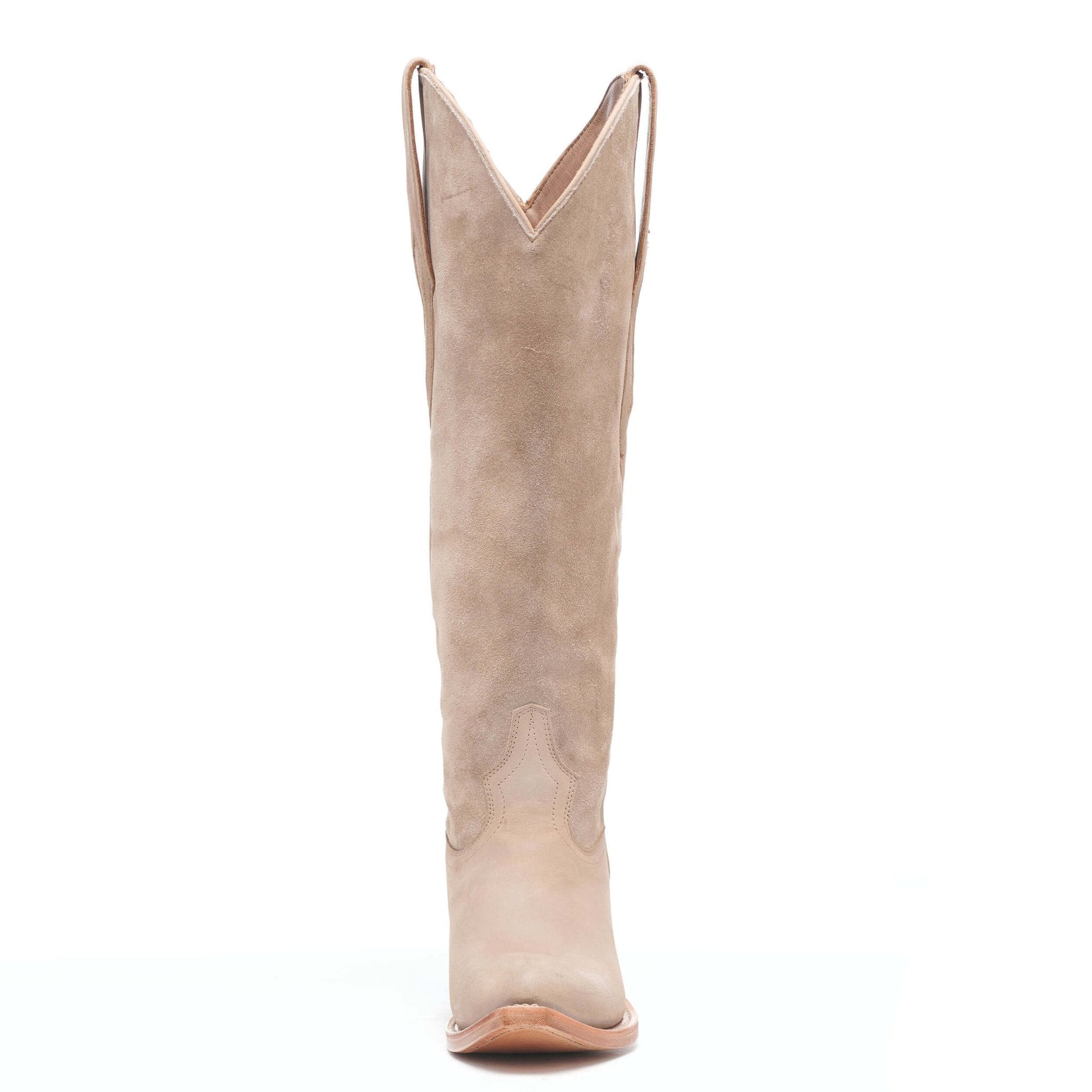 Taupe suede cowboy boot with pointed toe, V-notch top, and stacked heel.