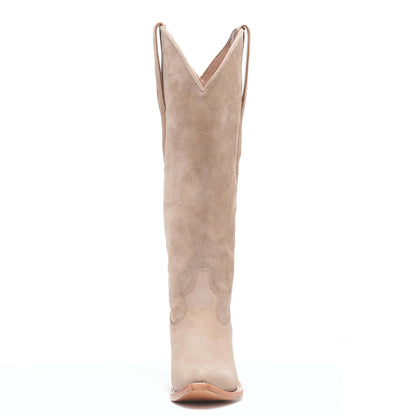 Taupe suede cowboy boot with pointed toe, V-notch top, and stacked heel.
