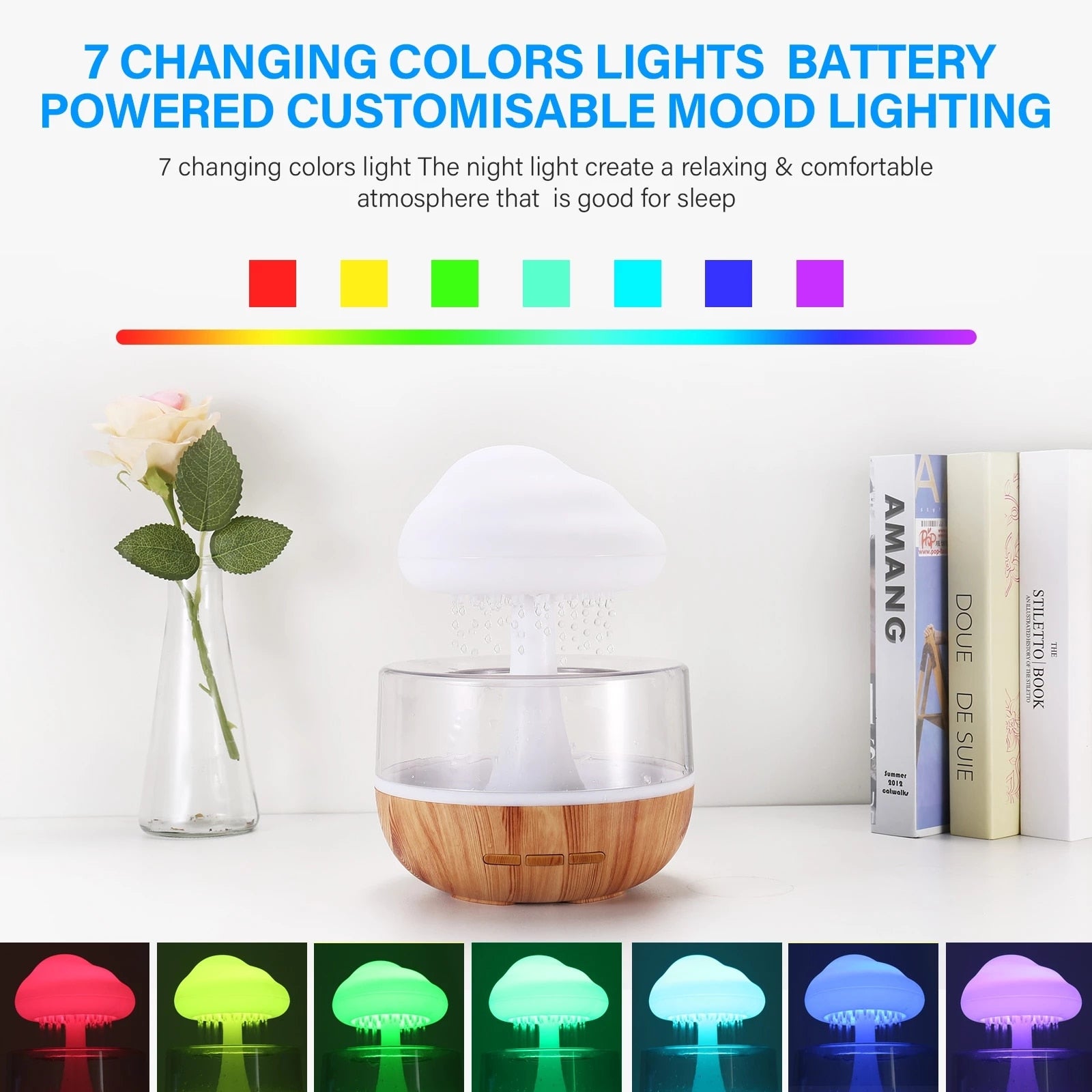 Rain-cloud humidifier with color-changing LED glow and light wood base, mint cloud top