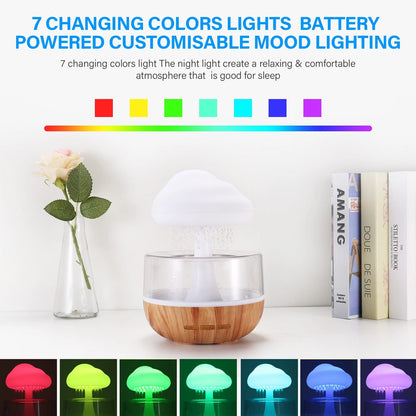 Rain-cloud humidifier with color-changing LED glow and light wood base, mint cloud top