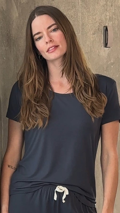 Women's bamboo lounge short-sleeve t-shirt with drawstring waist, dark blue