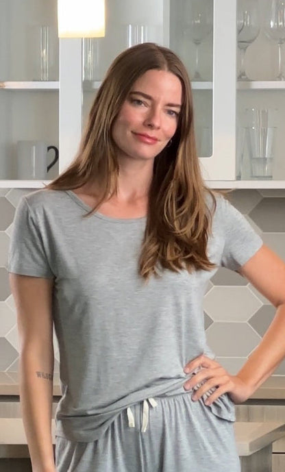 Women's bamboo lounge short-sleeve t-shirt, heather gray, draped waist