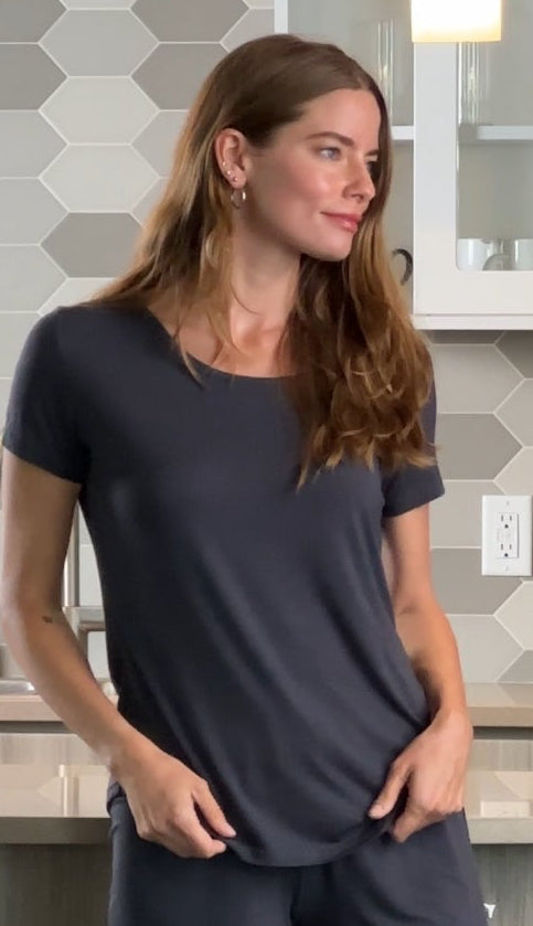 Women's bamboo lounge short-sleeve t-shirt, dark blue, V-neck