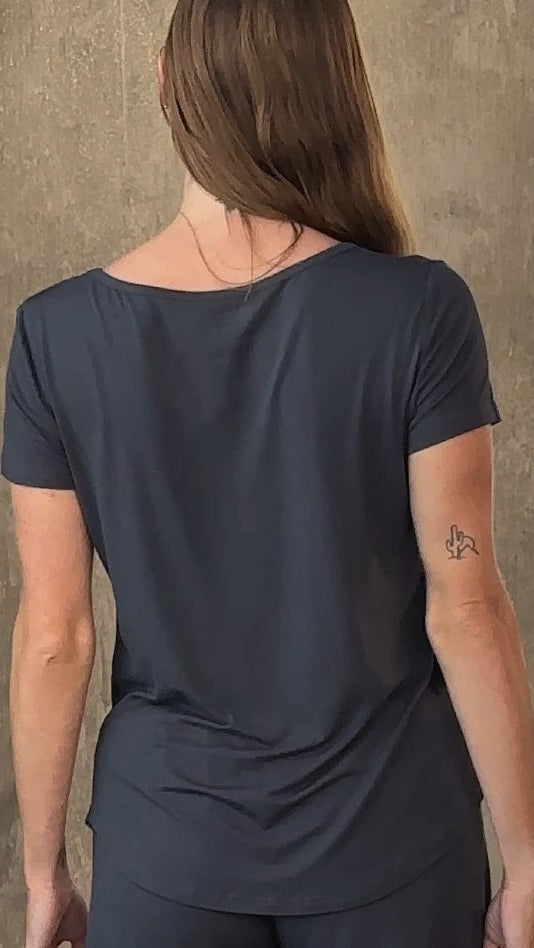 Women's bamboo lounge set in dark navy: short-sleeve t-shirt and drawstring shorts (back view)