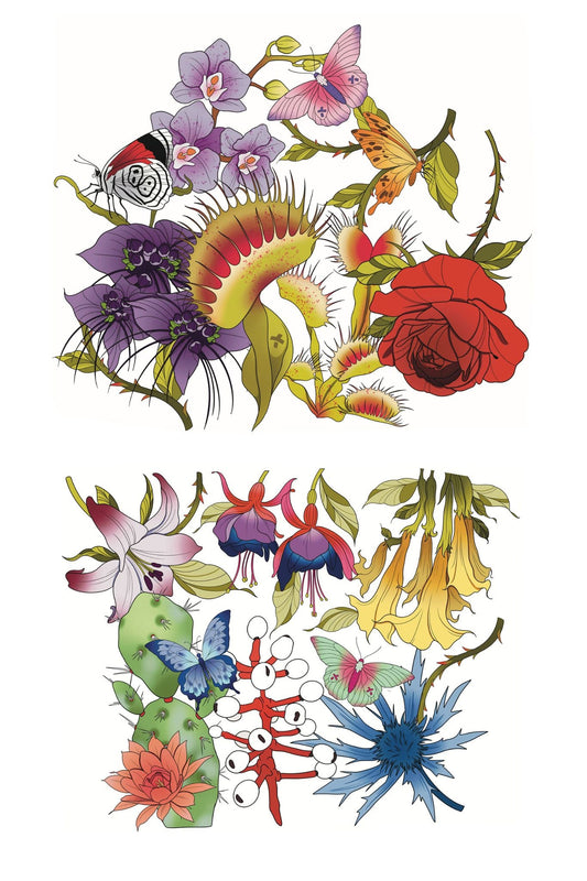 Kids temporary tattoo sleeve sheet with colorful floral and bug designs