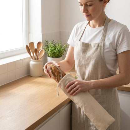 Linen bread bag with drawstring, filled at a kitchen countertop