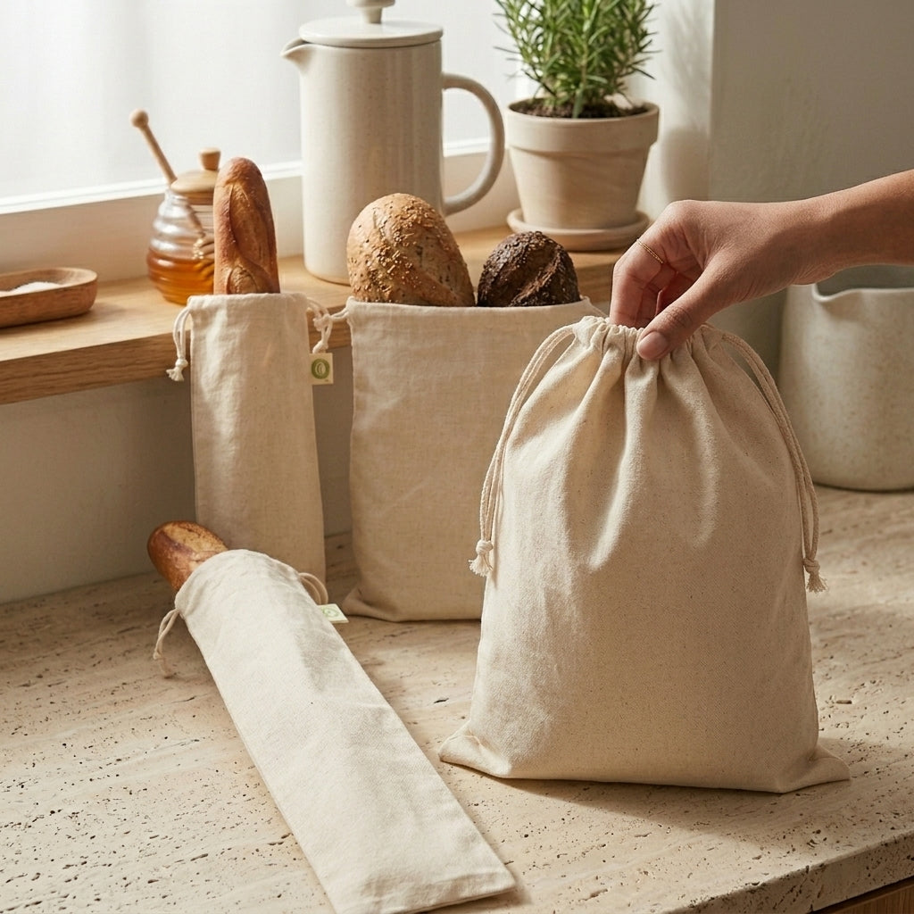 Set of linen bread bags with drawstring ties: long bag and square pouch