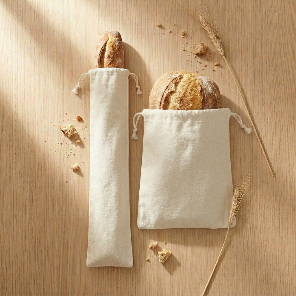 Linen loaf bread bag with drawstring ties, for a baguette-shaped loaf