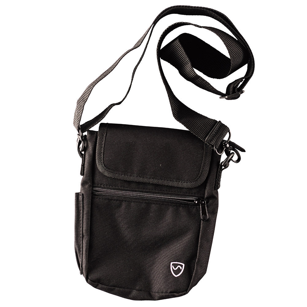 Black phone pouch with flap, adjustable shoulder strap, and front zipper pocket