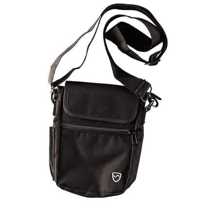 Black phone pouch with flap, adjustable shoulder strap, and front zipper pocket