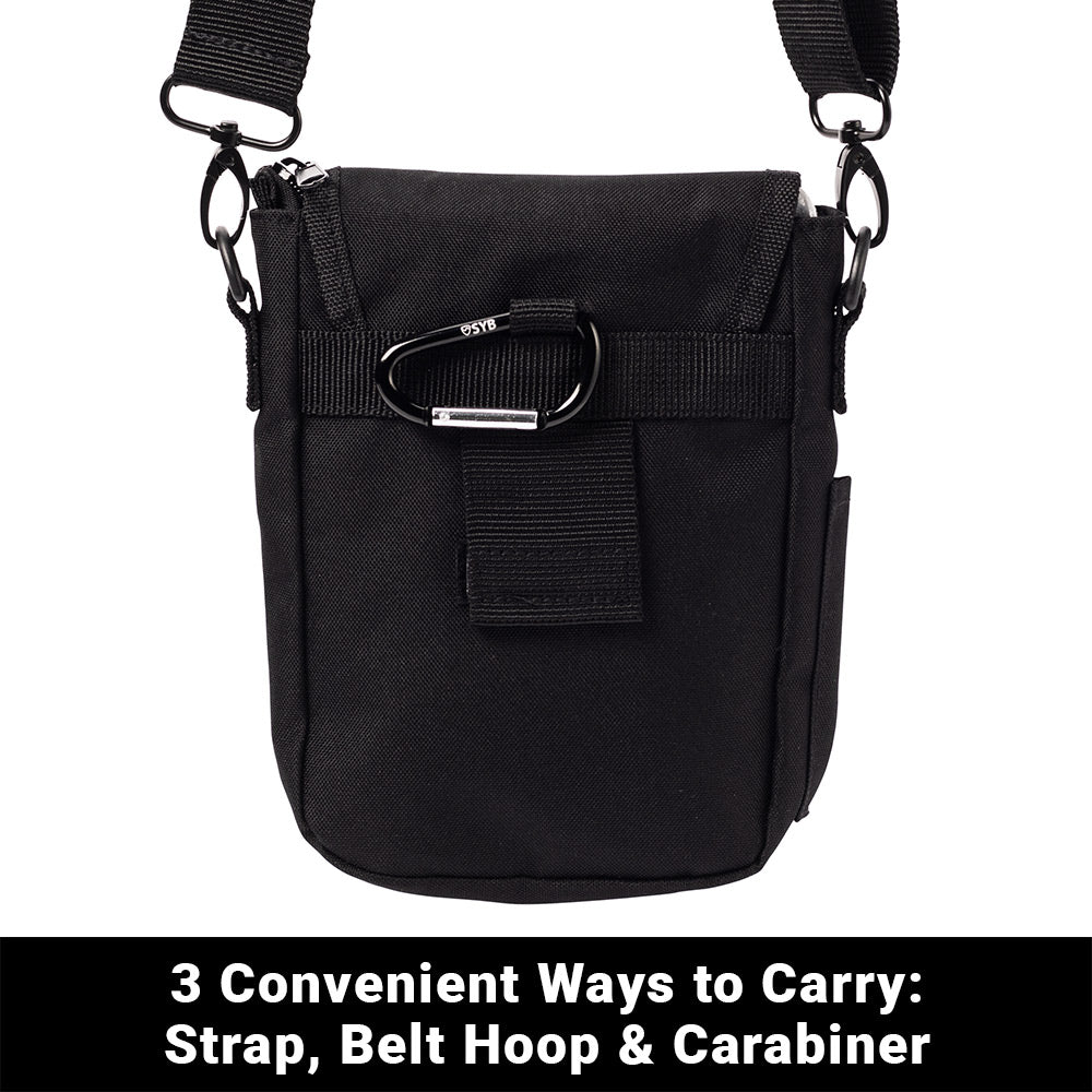 Black phone pouch front view with strap hardware and flap pocket